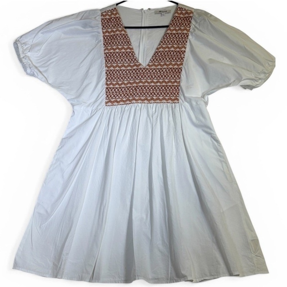 Madewell White Puff Sleeve Babydoll Dress Medium‎ Embroidered V-Neck Cotton